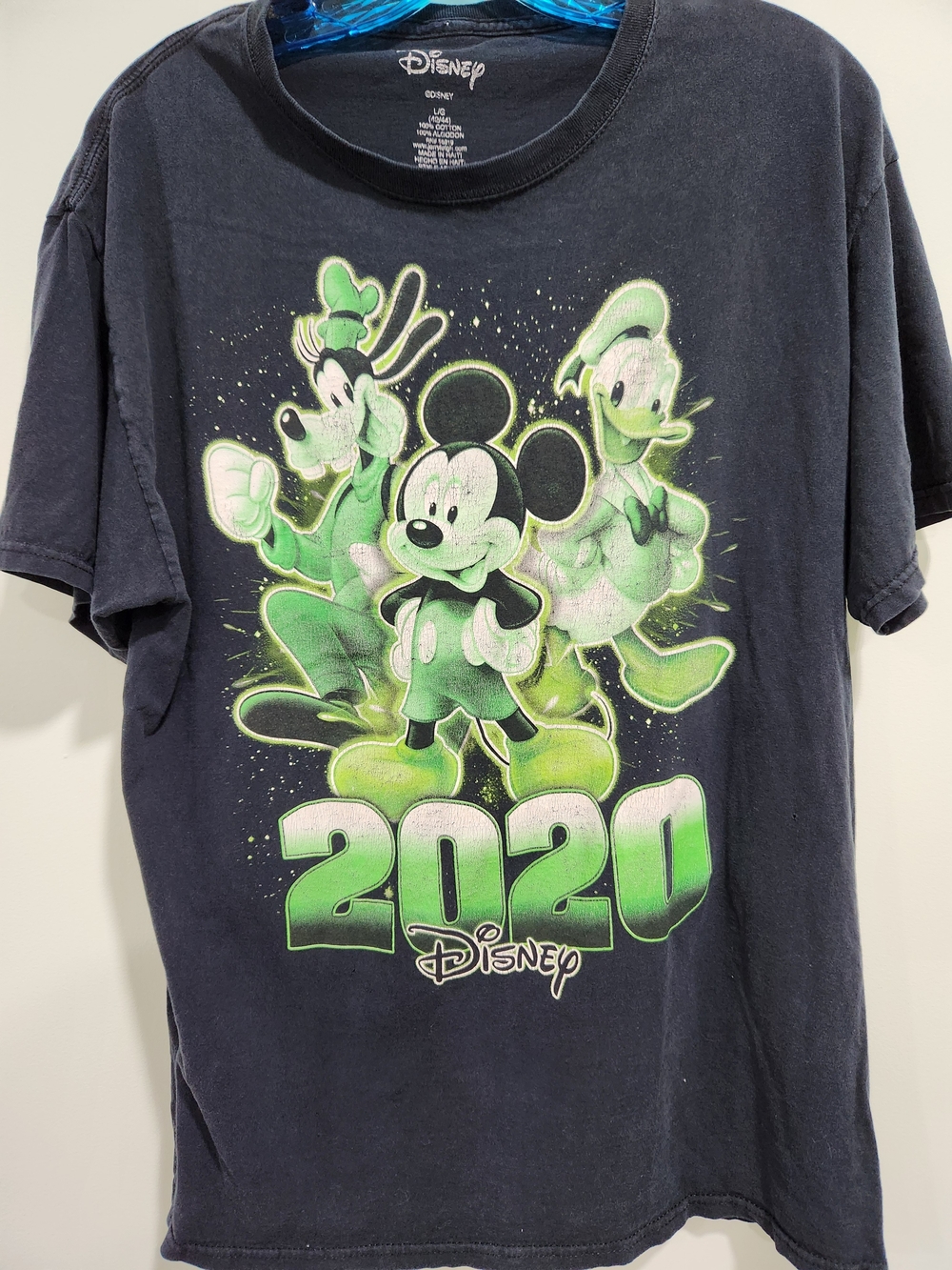 Disney Black Tee with Glows In Dark Green Mickey, Goofy & Donald 2020 Graphic